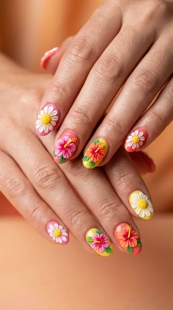 3D bright floral nails (daisies & hibiscus)