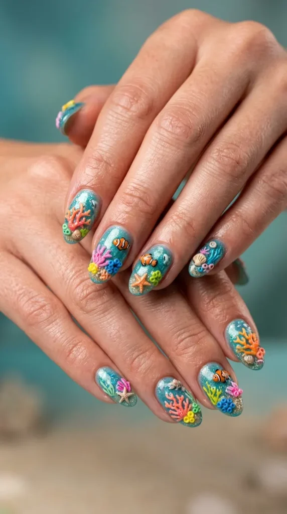 3D coral reef inspired nail art
