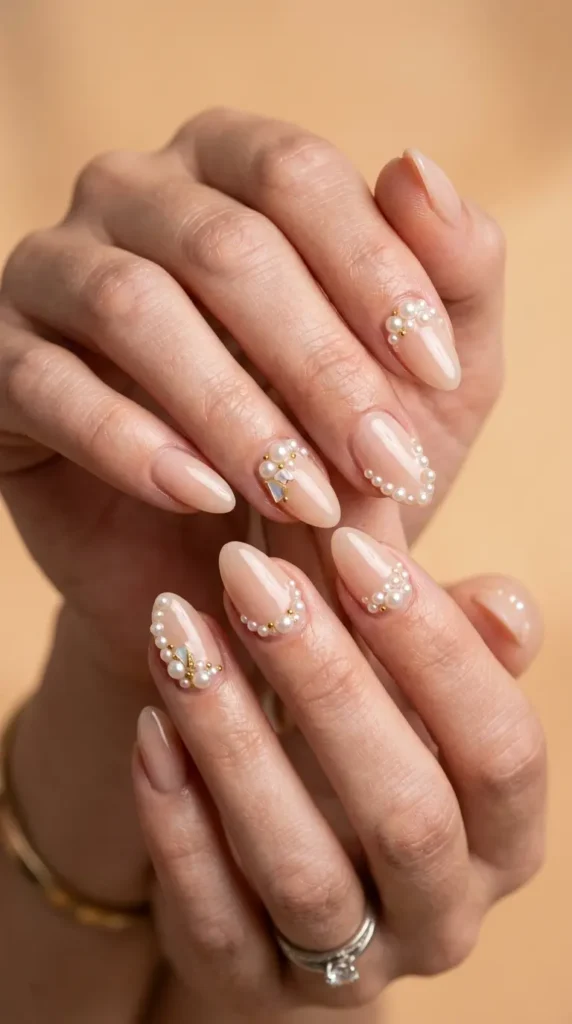 3D pearl beach nails with nude base