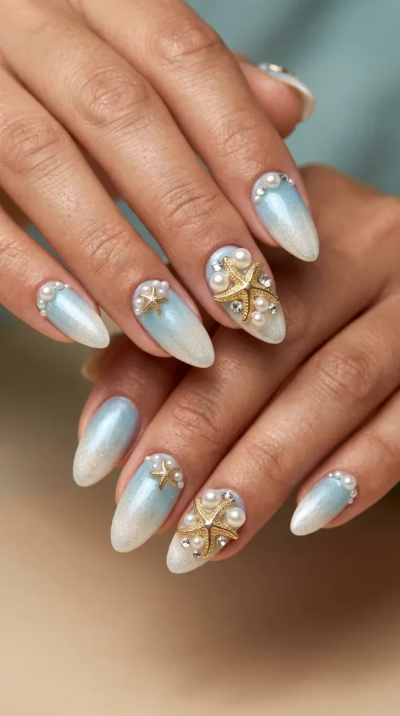 3D starfish and pearl cluster nails