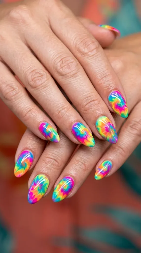 Bright tie-dye-tropical swirl nails