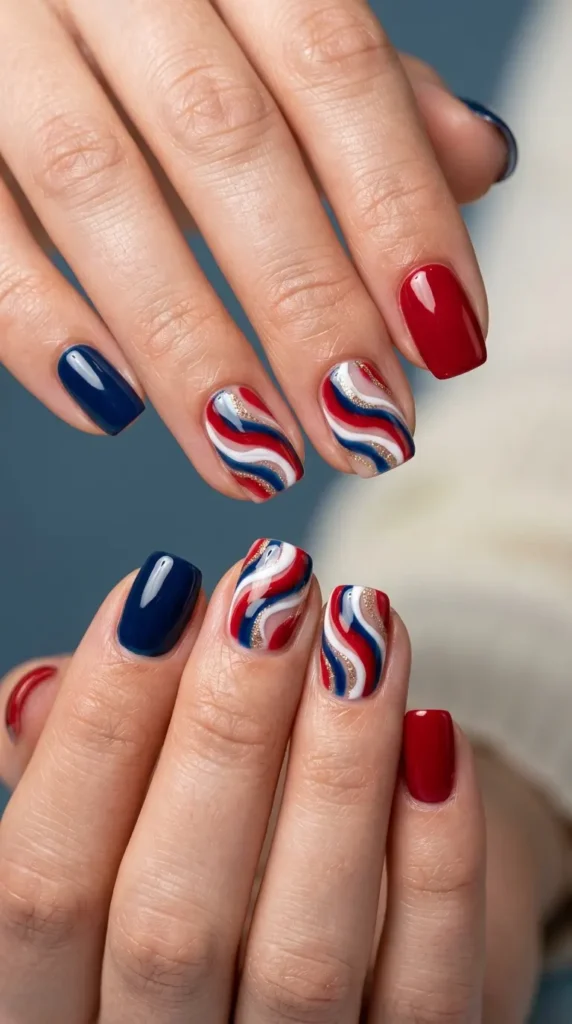 Abstract flag swirl design on accent nails