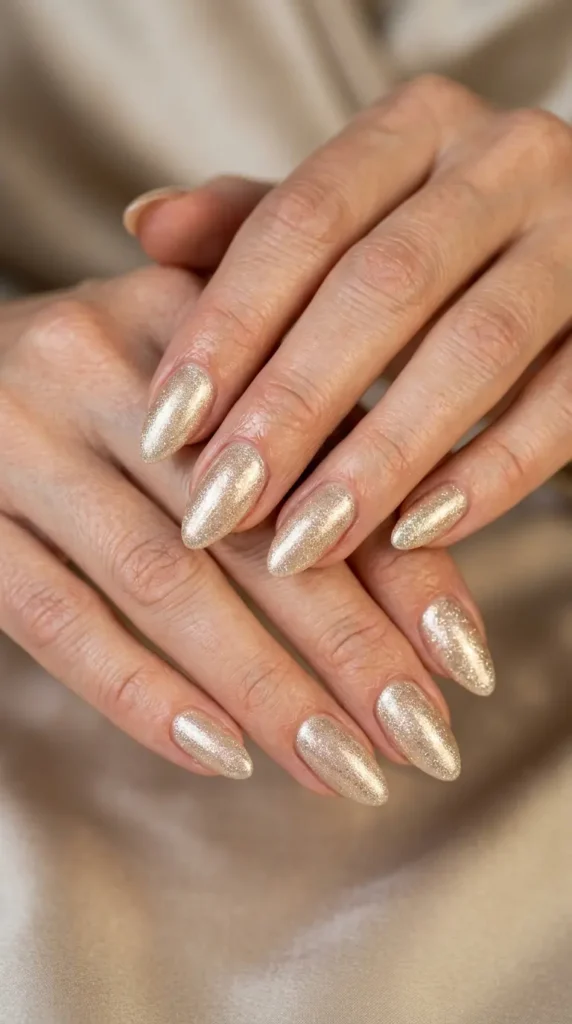 Almond nails with champagne shimmer glaze