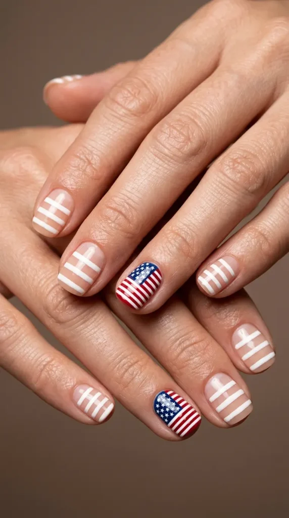 American flag accent nail with simple stripe base
