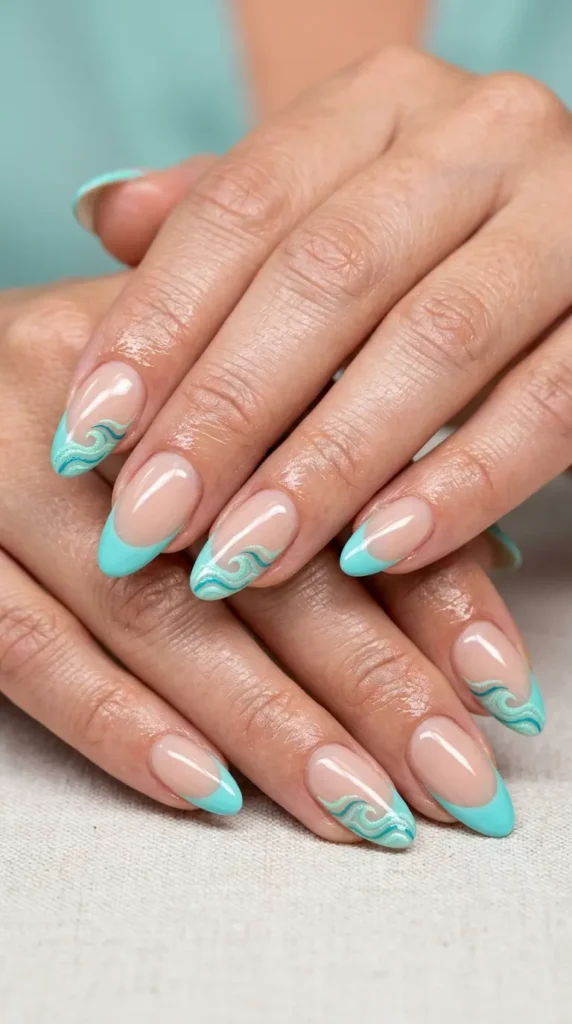 Aqua French tips with wave detailing