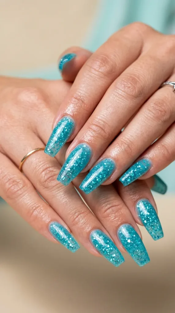 Aqua glitter jelly coffin nails