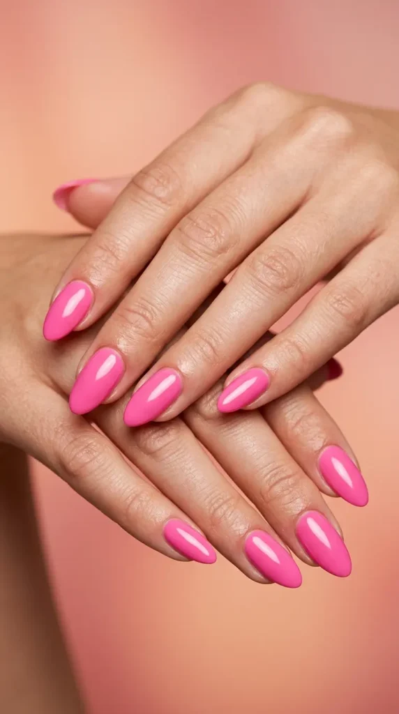 Barbie pink glossy almond nails