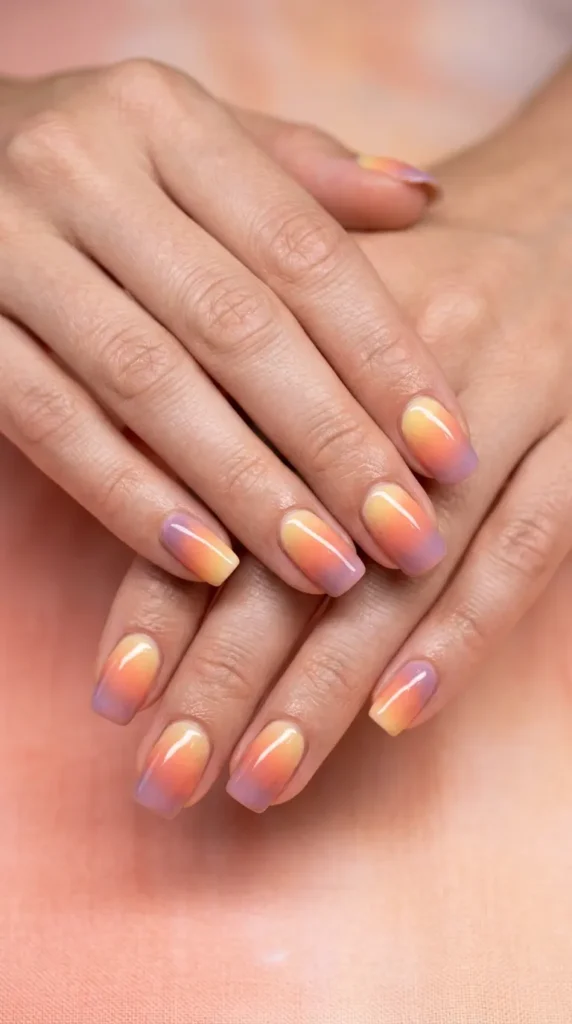 Beach sunset airbrush nails with soft blends