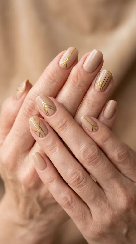 Beige nails with minimal gold striping tape design
