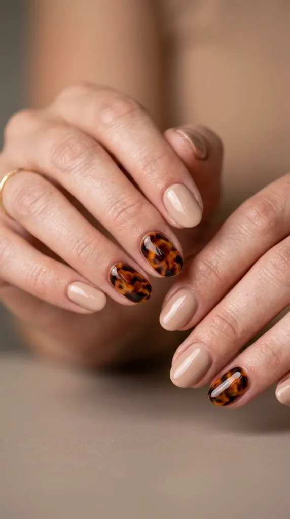 Beige nails with tortoise shell accent nails