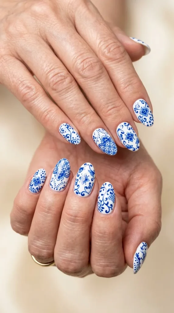 Blue And White Porcelain Gel Nails