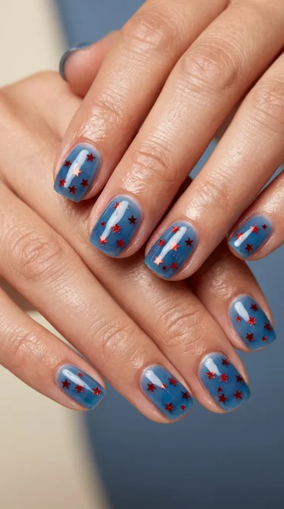 Blue jelly nails with floating red star confetti