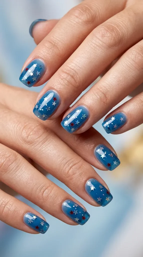 Blue jelly nails with floating star confetti