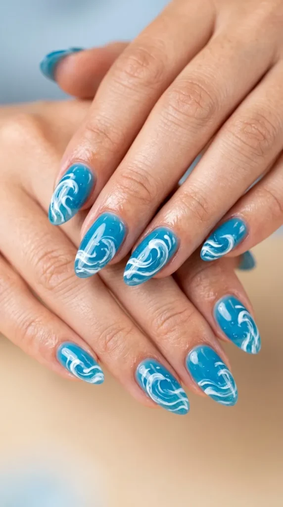 Blue Jelly Ocean Wave Nails