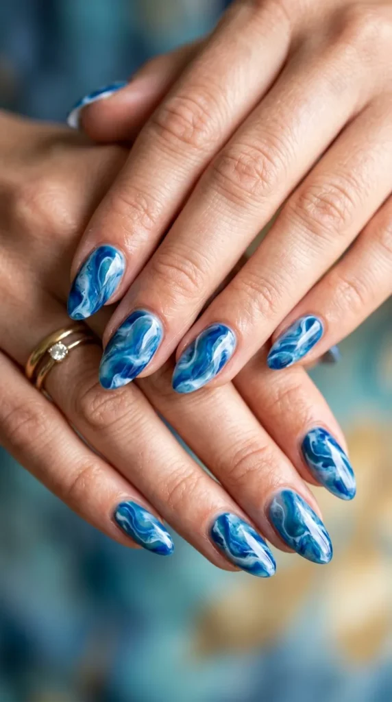 Blue Marble Ocean Swirl Nails