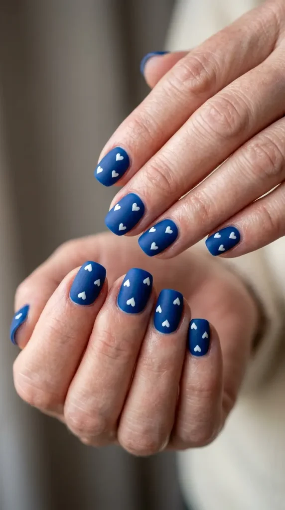 Blue matte nails with tiny white heart accents