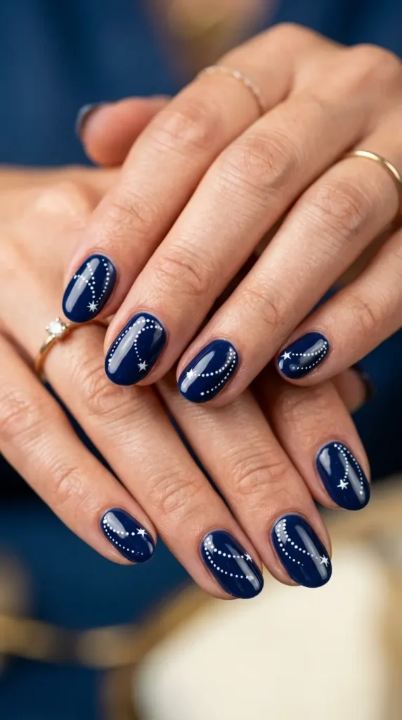 Blue nails with white dotted star trails