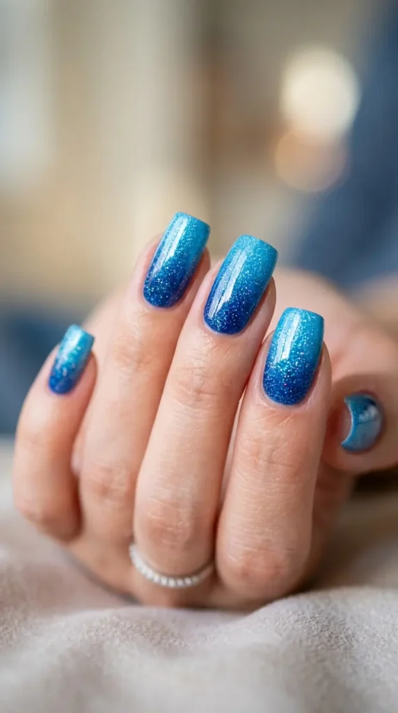 Blue ombré fade with sparkly top coat