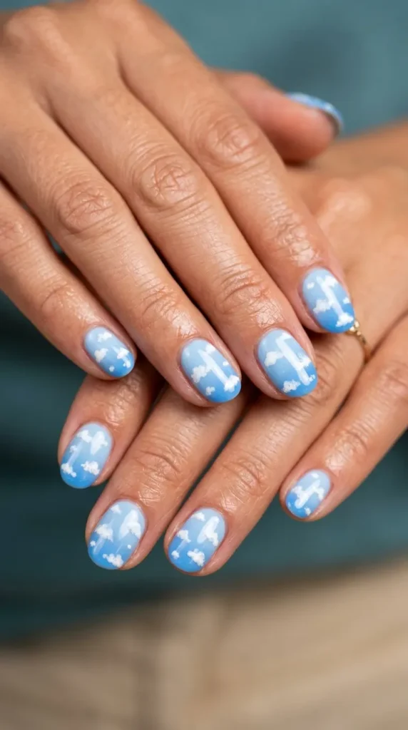 Blue sky gradient nails with white cloud dots