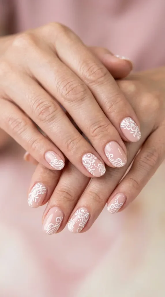 blush nude with delicate lace-inspired nail art