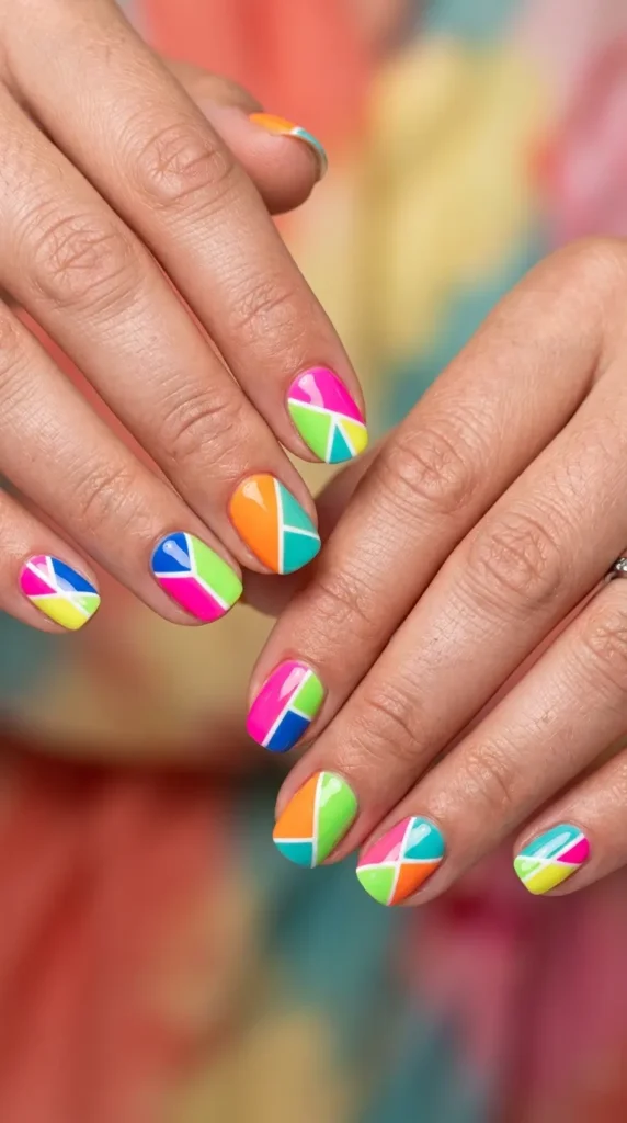 bold color-block summer nails mixed neon panels