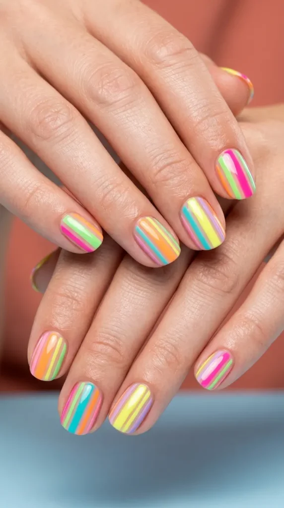 Bright candy stripe summer nails