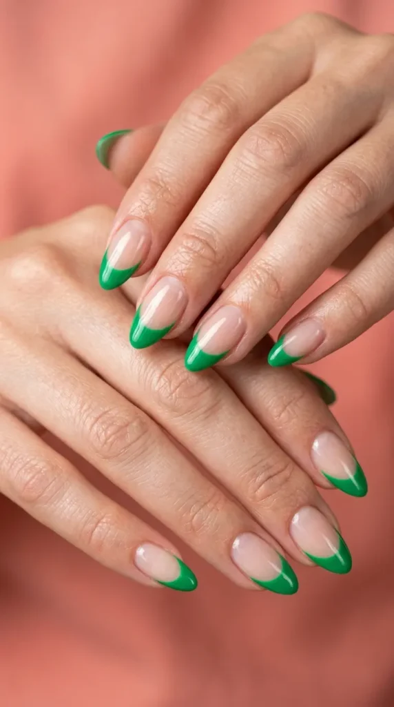 Bright green French tips glossy finish