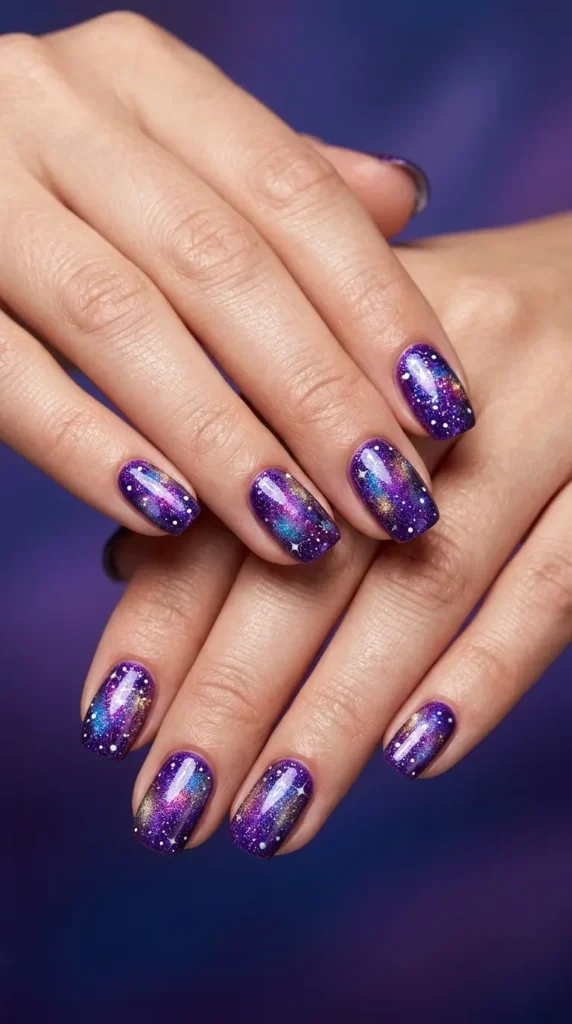 Bright purple galaxy nails