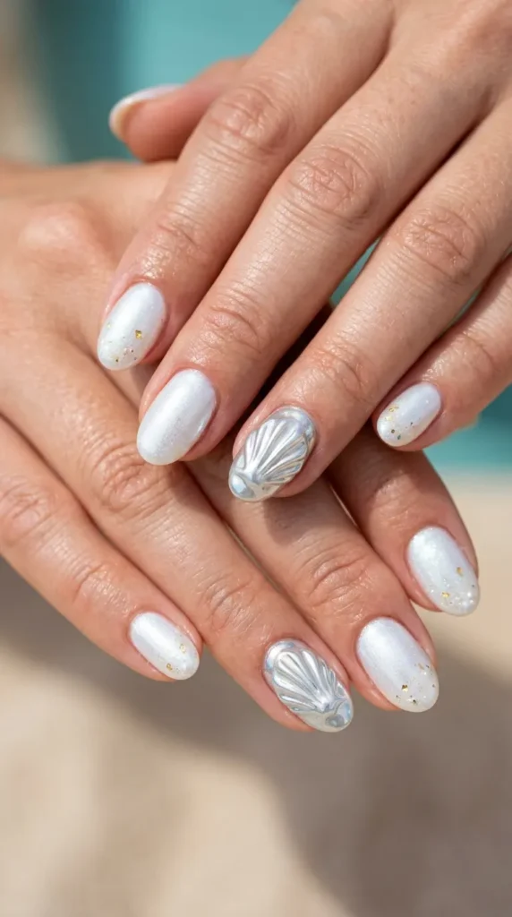 Chrome seashell accent nails