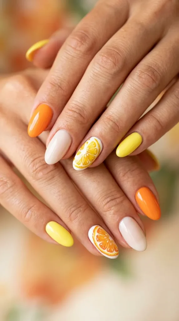 Citrus slice accent nails (orange & lemon art)