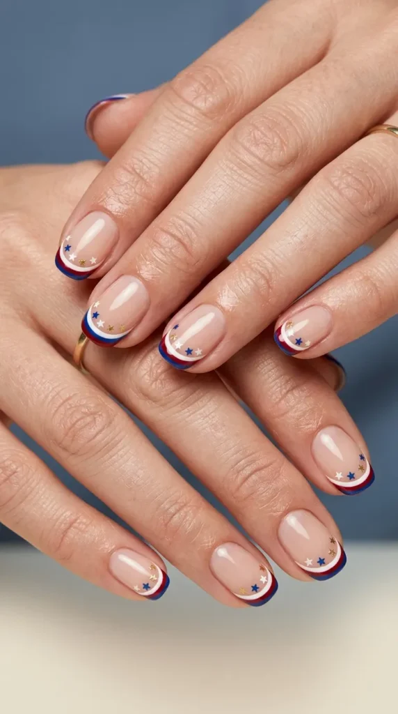 Classic red, white, and blue French tips with micro stars