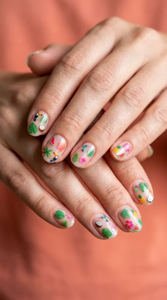 Clear base nails with floating tropical stickers