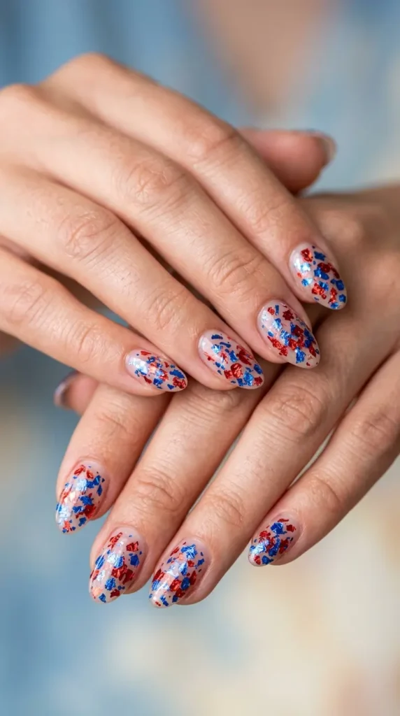 Clear nails with embedded patriotic foil flakes