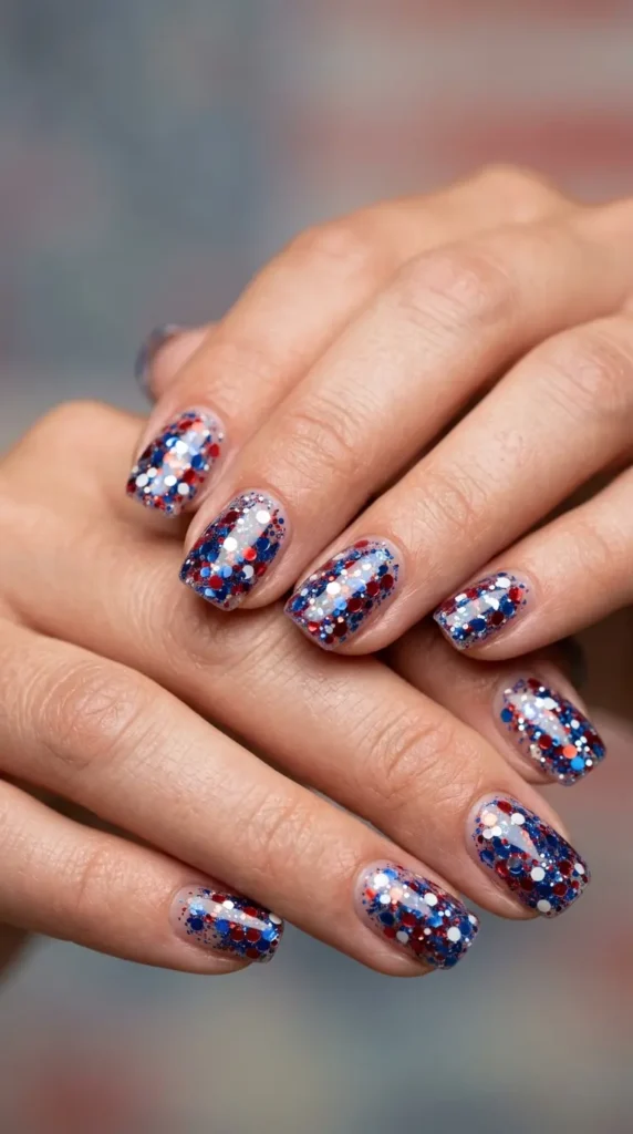 Clear nails with patriotic encapsulated glitter layers