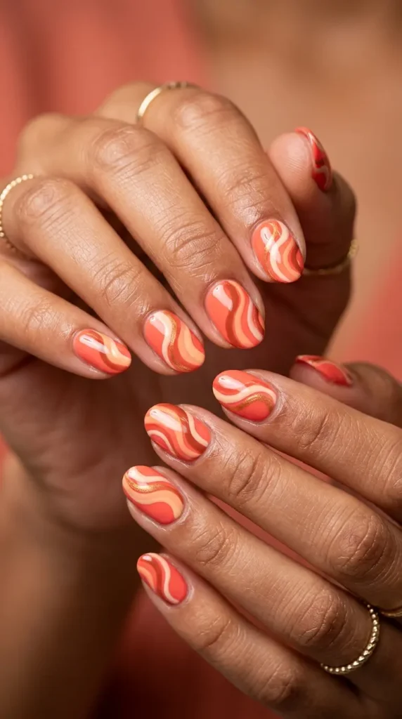 Coral Abstract Swirl Nails