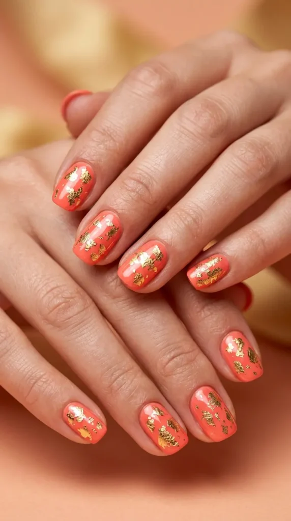 Coral and Gold Foil Nails