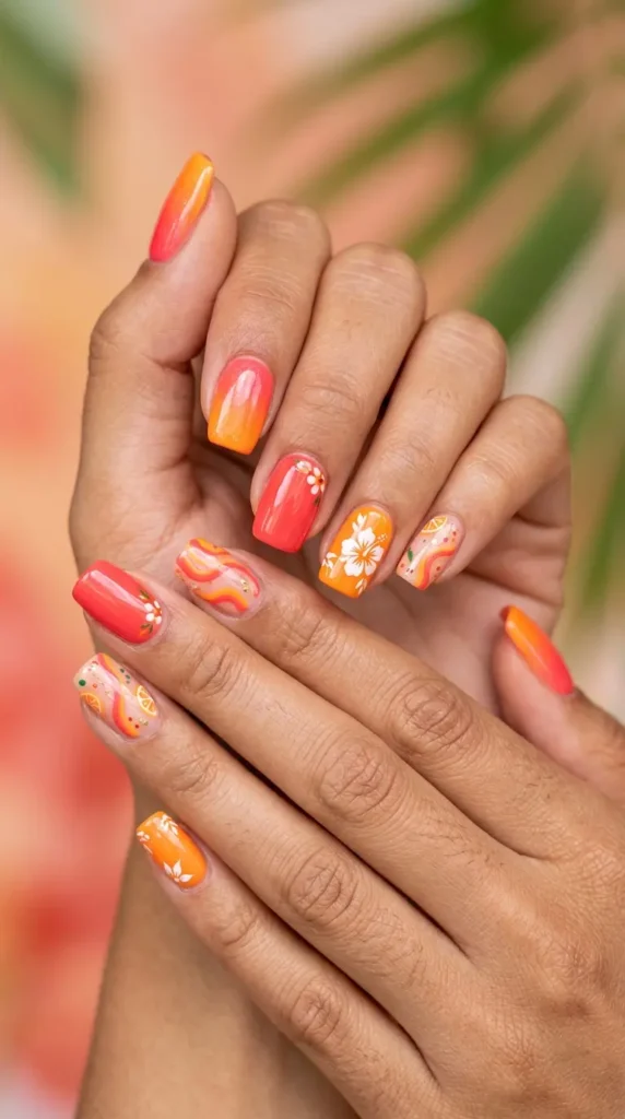 Coral and Orange Summer Nails
