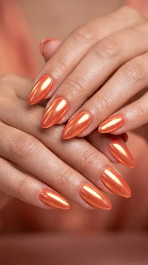 Coral Chrome Almond Nails