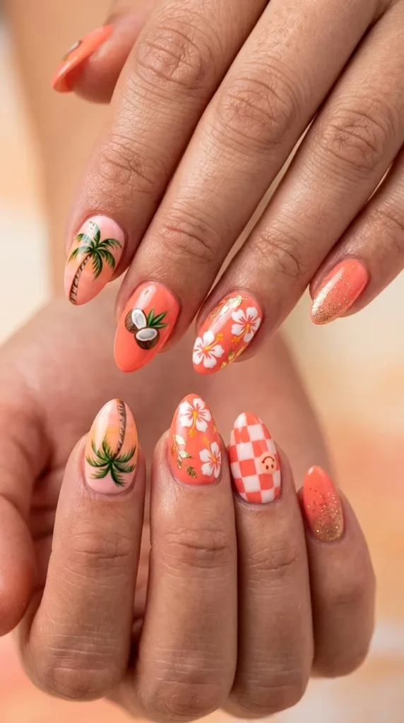 Coral Coconut Girl Nails