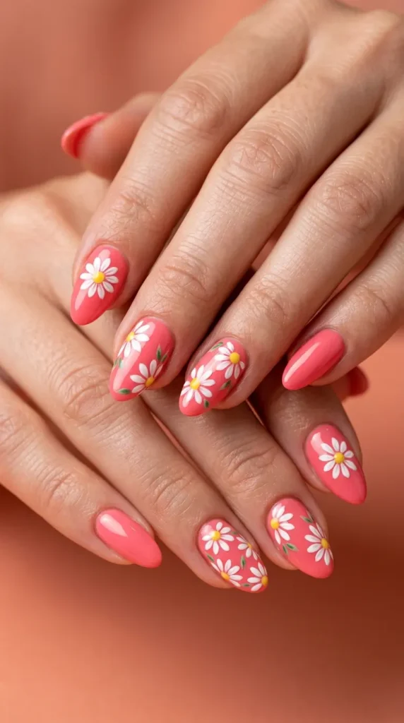 Coral Daisy Nail Designs