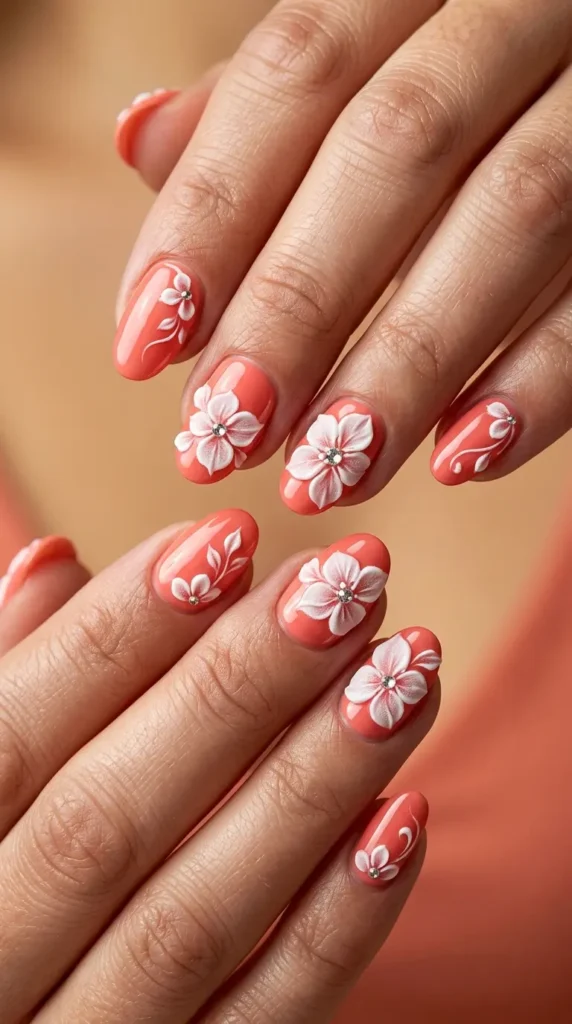 Coral Floral 3D Nails