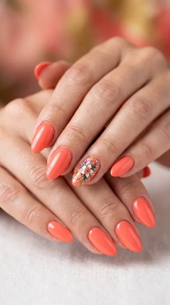 Coral Floral Accent Nails