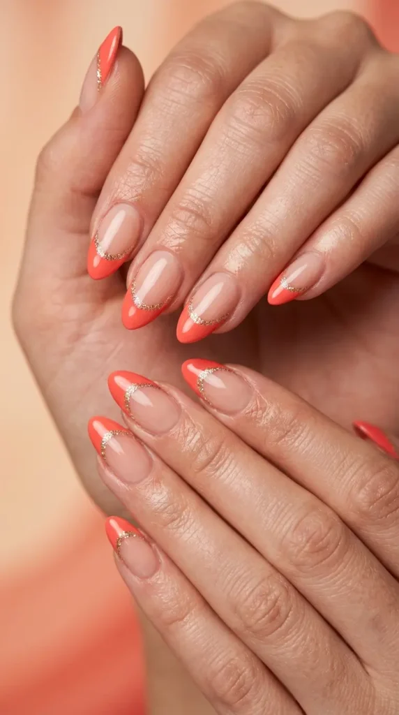 Coral French tips with glitter outline