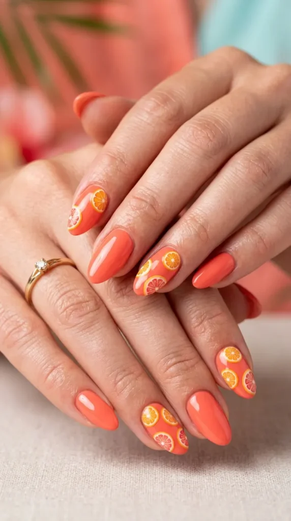 Coral Fruit Slice Nails