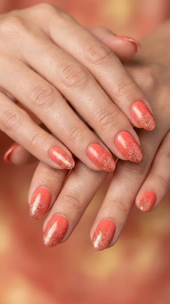 Coral Glitter Fade Nails