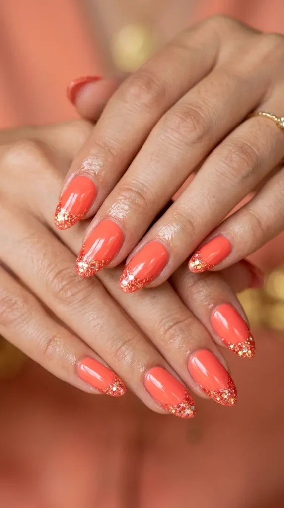 Coral Glitter French Nails