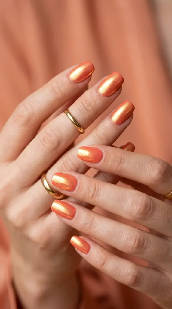 Coral Gold Chrome Nails