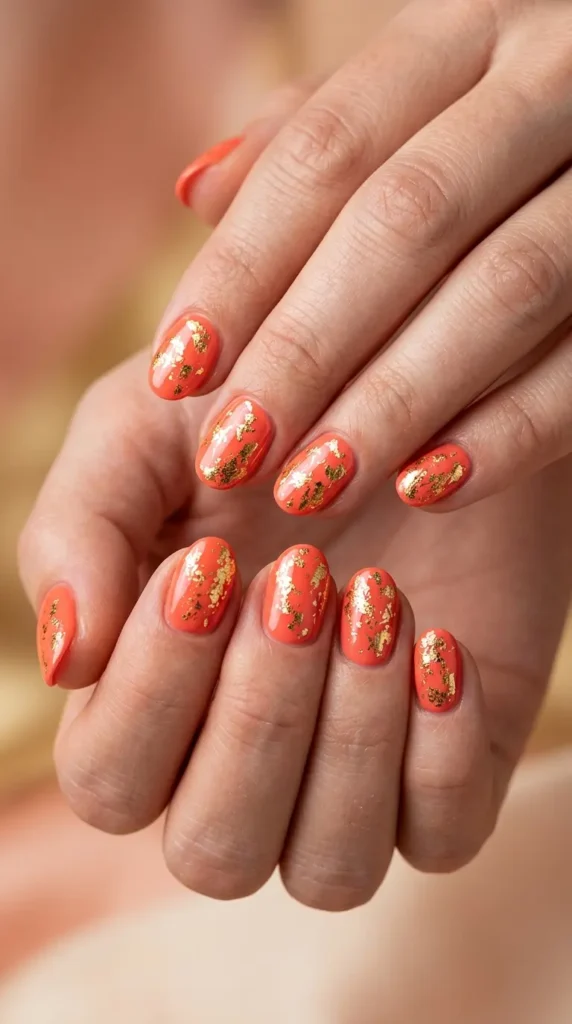 Coral + gold foil luxury nails