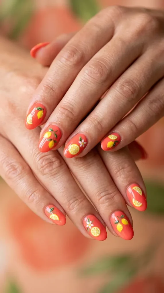Coral Lemon Nail Art