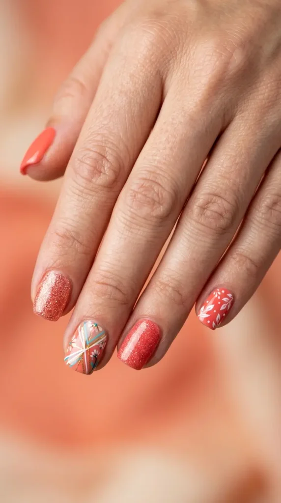 Coral Mix and Match Nails